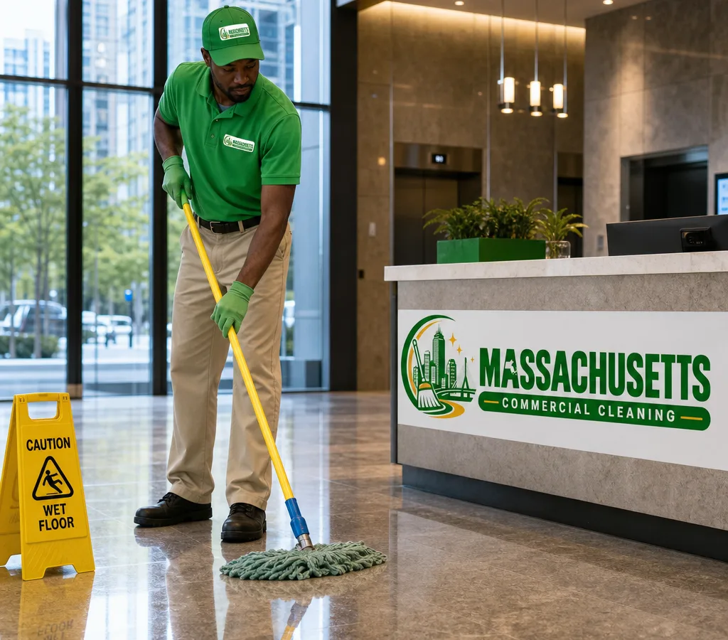 Commercial cleaner mopping a polished Boston office lobby with safety signage visible