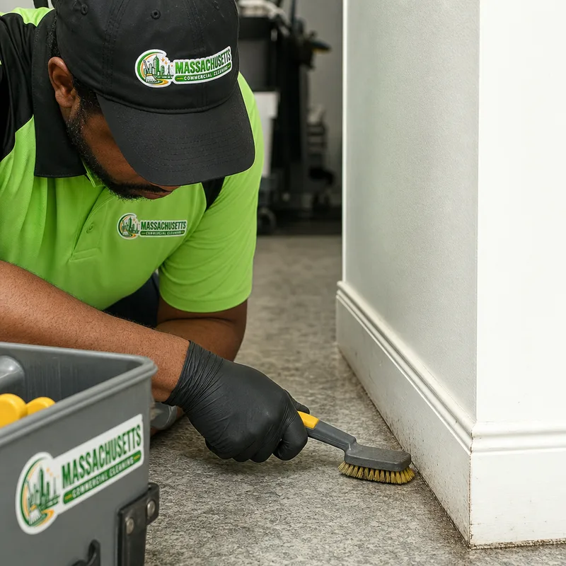 Technician edge cleaning commercial hard flooring along baseboards and corners