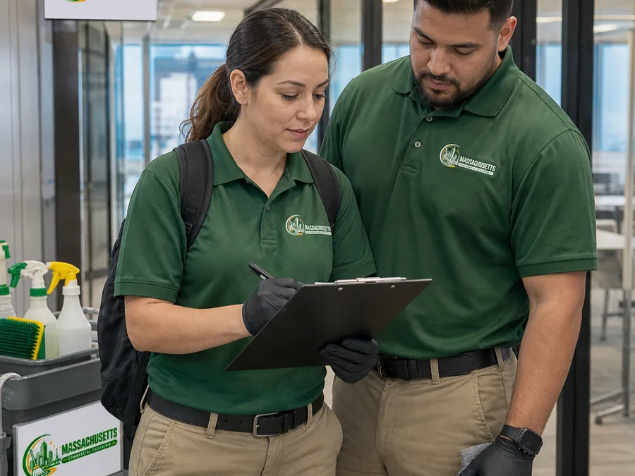 Two uniformed commercial cleaning technicians reviewing a site checklist in a Boston office corridor
