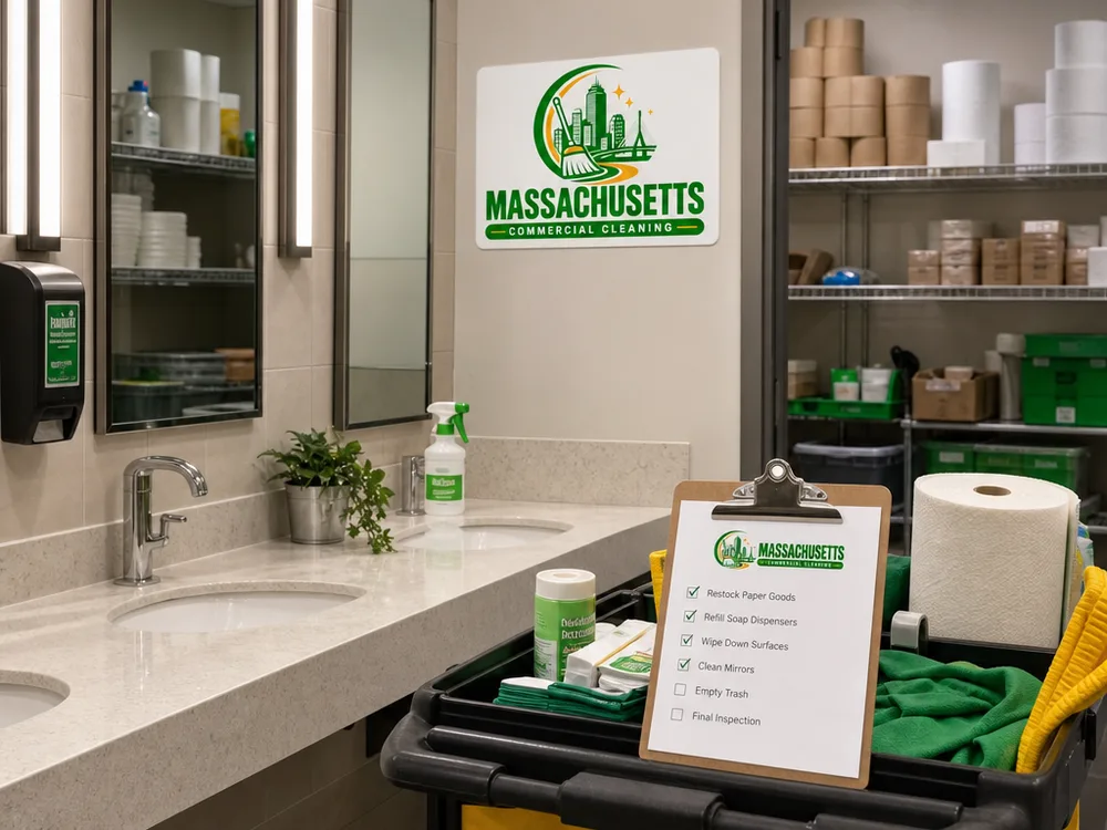 Cleaner restocking supplies and checking commercial restroom touchpoints against a clipboard checklist